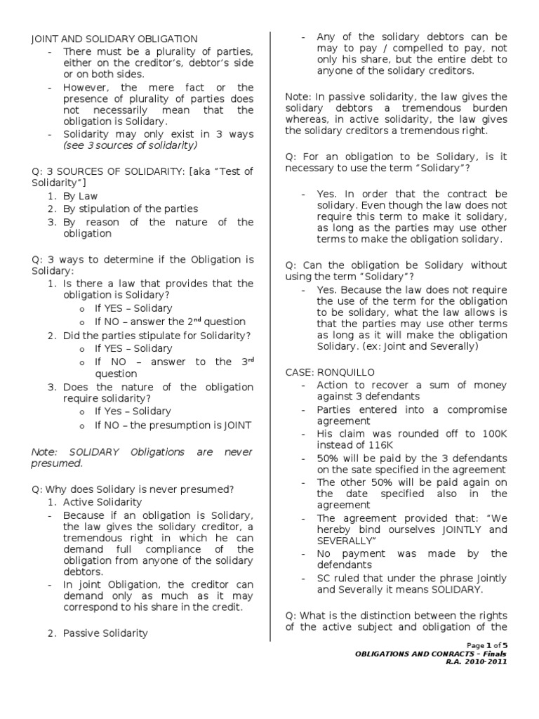 Obligation Contracts 1 Joint And Solidary Obligation Guarantee Debtor