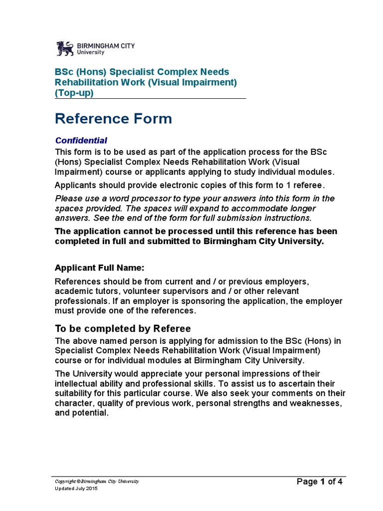Reference Form BSC (Hons) Specialist Complex Needs Rehabilitation Work (Visual Impairment) (Top