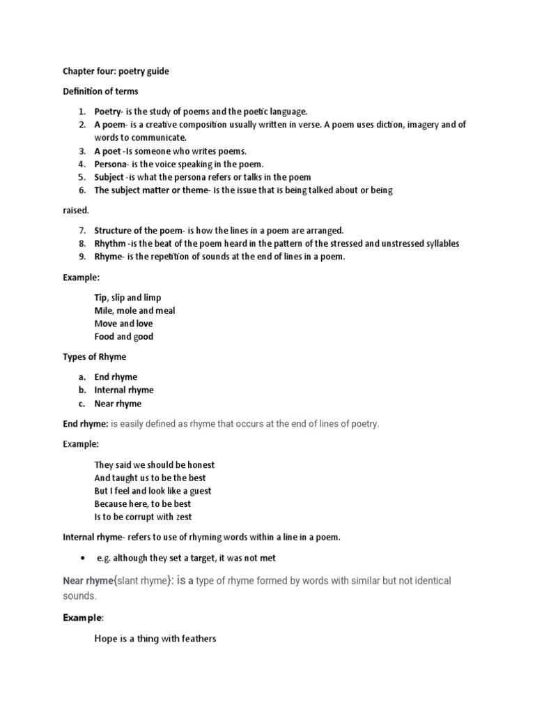 Chapter Four Poetry Guide Definition of Terms Is Easily Defined As