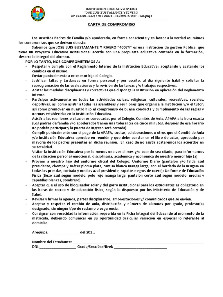 Carta Compromiso de Padres de Familia | PDF | Crecimiento personal y ...