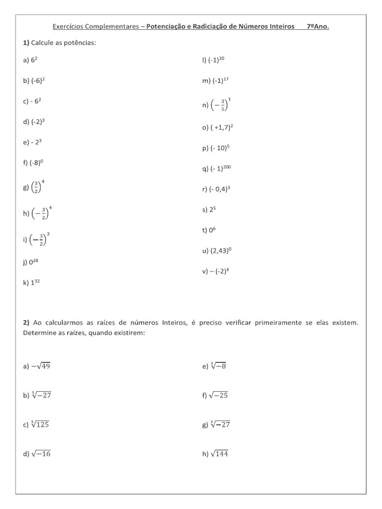 7 Ano - Lista Complementar - Potenciação e Radiciação | PDF