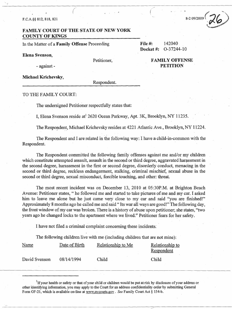 SECOND FALSE AND FRAUDULENT FAMILY OFFENSE PETITION