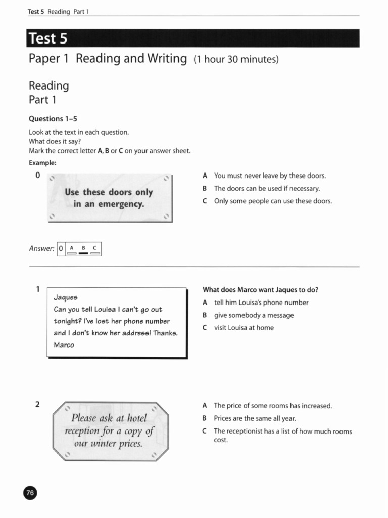 Test 5 Paper 1 Reading and Writing PDF Question Lunch