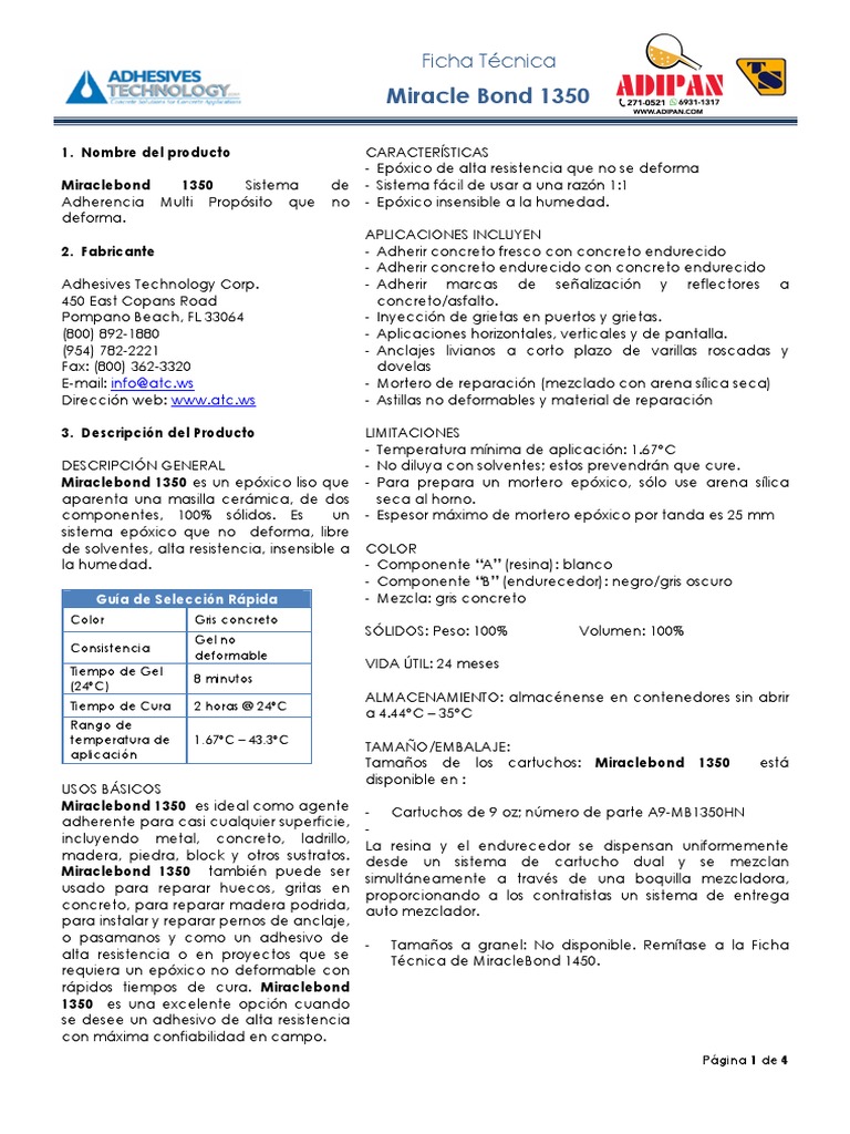 Adhesivo epóxico de alta resistencia Miracle Bond 1350 PDF Hormigón