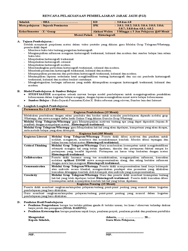 RPP Pembelajaran Sejarah PJJ Kelas X | PDF | Karier & Perkembangan ...