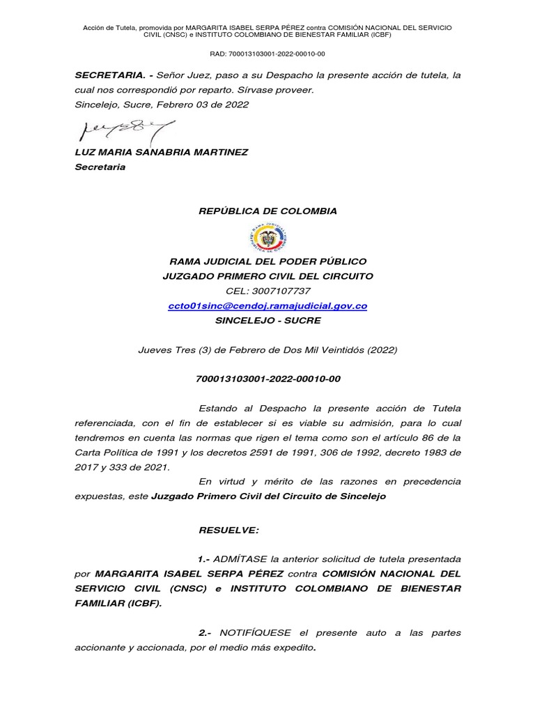 4 Accion de Tutela Margarita Isabel Serpa Perez 202200010 PDF Debido al proceso Derecho