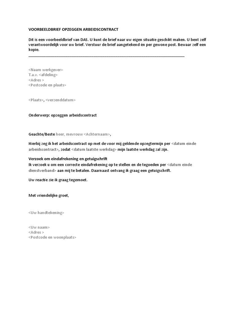 Voorbeeld Opzegging Arbeidsovereenkomst Door Werknemer Def  PDF