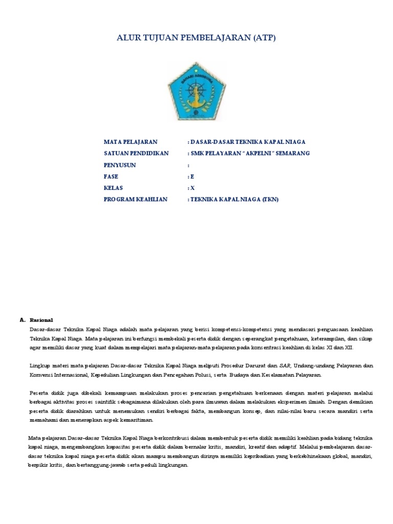 Alur Tujuan Pembelajaran Teknika Kapal | PDF