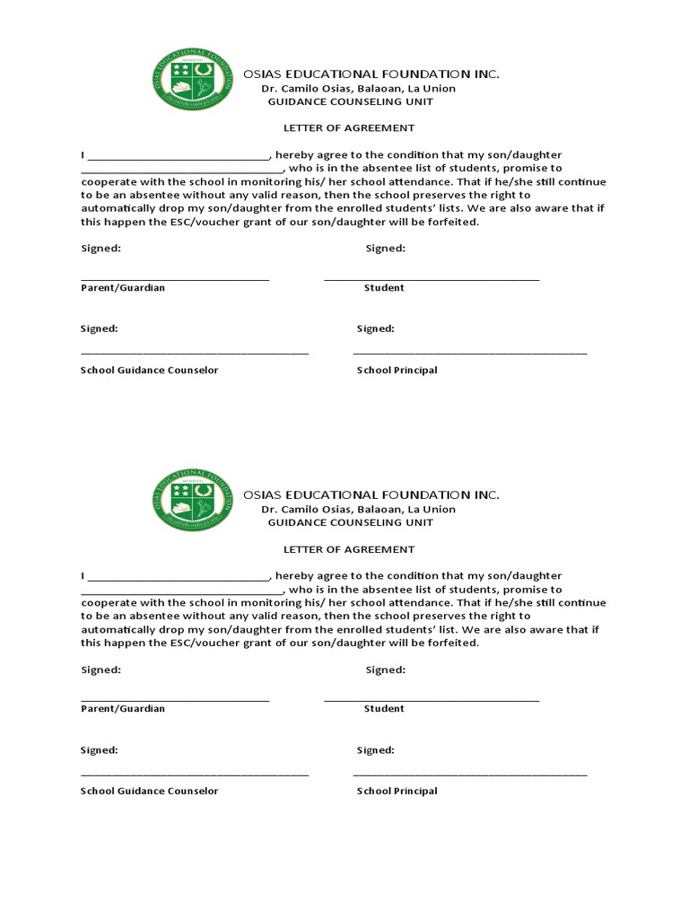 Student Attendance Agreement Form | PDF | Career & Growth | Social Science