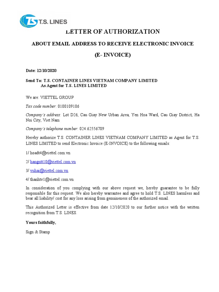 Letter of Authorization: About Email Address To Receive Electronic ...