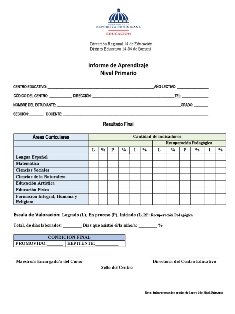 Informe de Aprendizaje Primaria 1er y 2do Grado | PDF