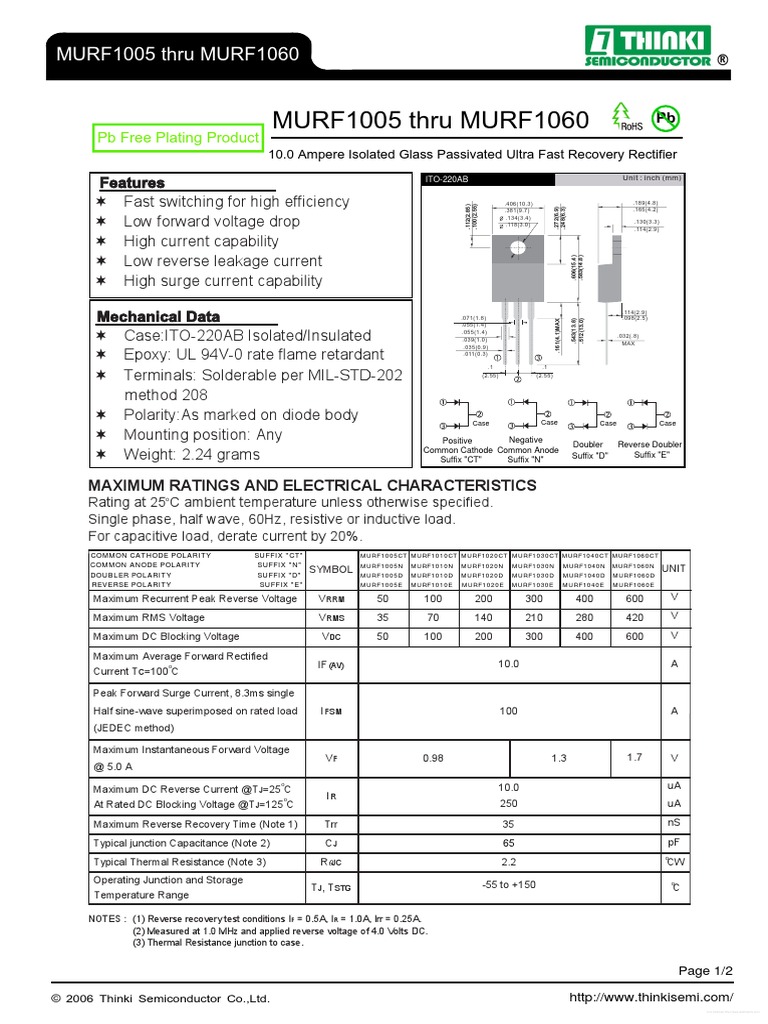 MURF1005 Thru MURF1060 | PDF | Rectifier | Diode