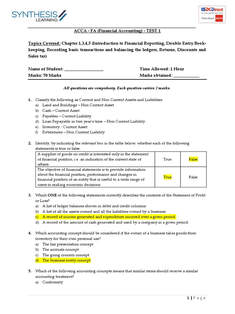 ACCA FA (Financial Accounting) Practice Test 1 Chapter 1, 3, 4, 5