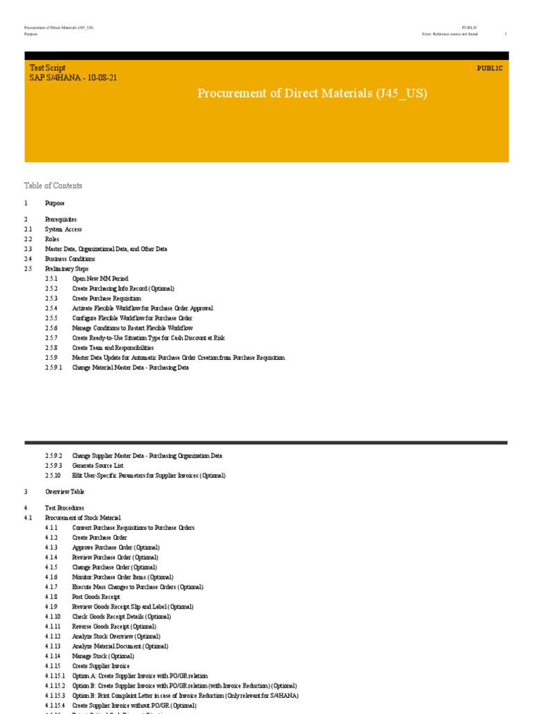 Procurement of Direct Materials (J45 US) Test Script SAP S/4HANA