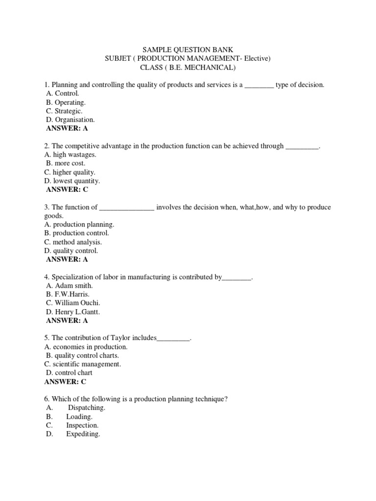 PRODUCTION MANAGEMENT MCQ | PDF