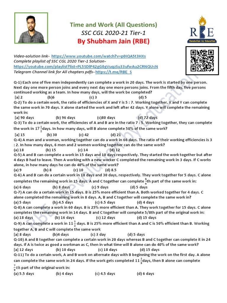 SSC CGL Time and Work Questions | PDF