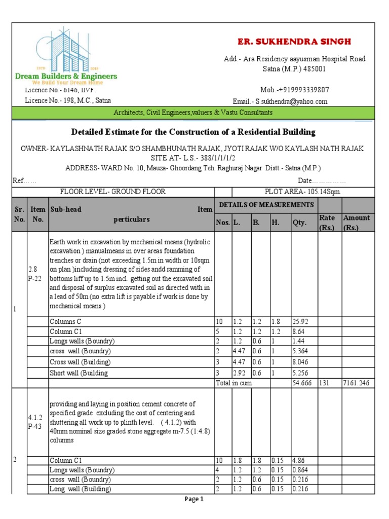 Detailed Estimate For The Construction of A Residential Building | PDF ...