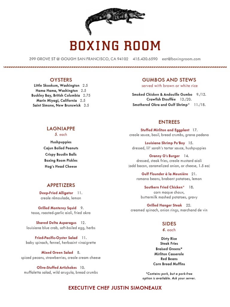 Boxing Room Menu | PDF | Louisiana Creole Cuisine | Fermented Drinks