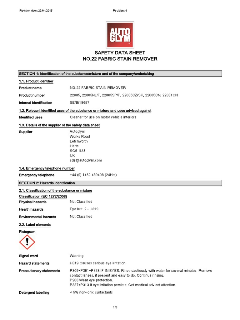 Fabric Stain Remover Safety Data Sheet PDF PDF Dangerous Goods
