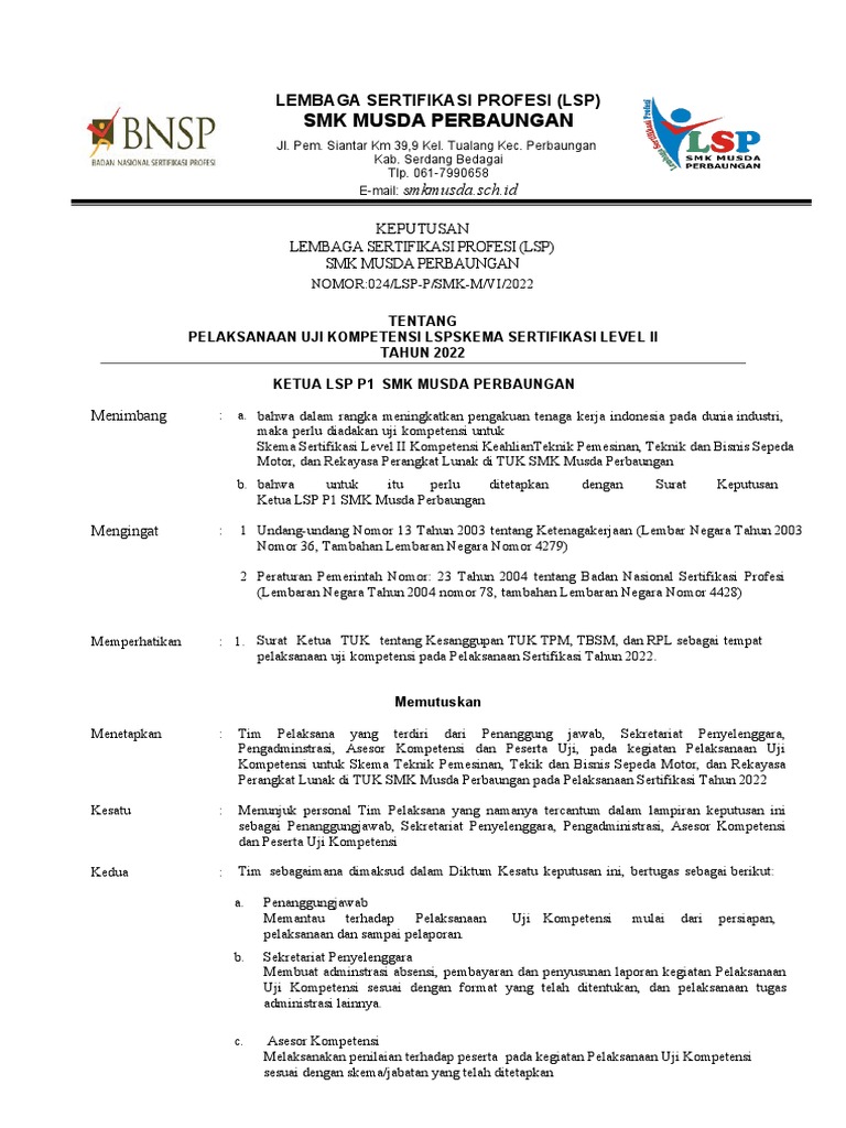 SK Pelaksanaan Uji Kompetensi LSP | PDF