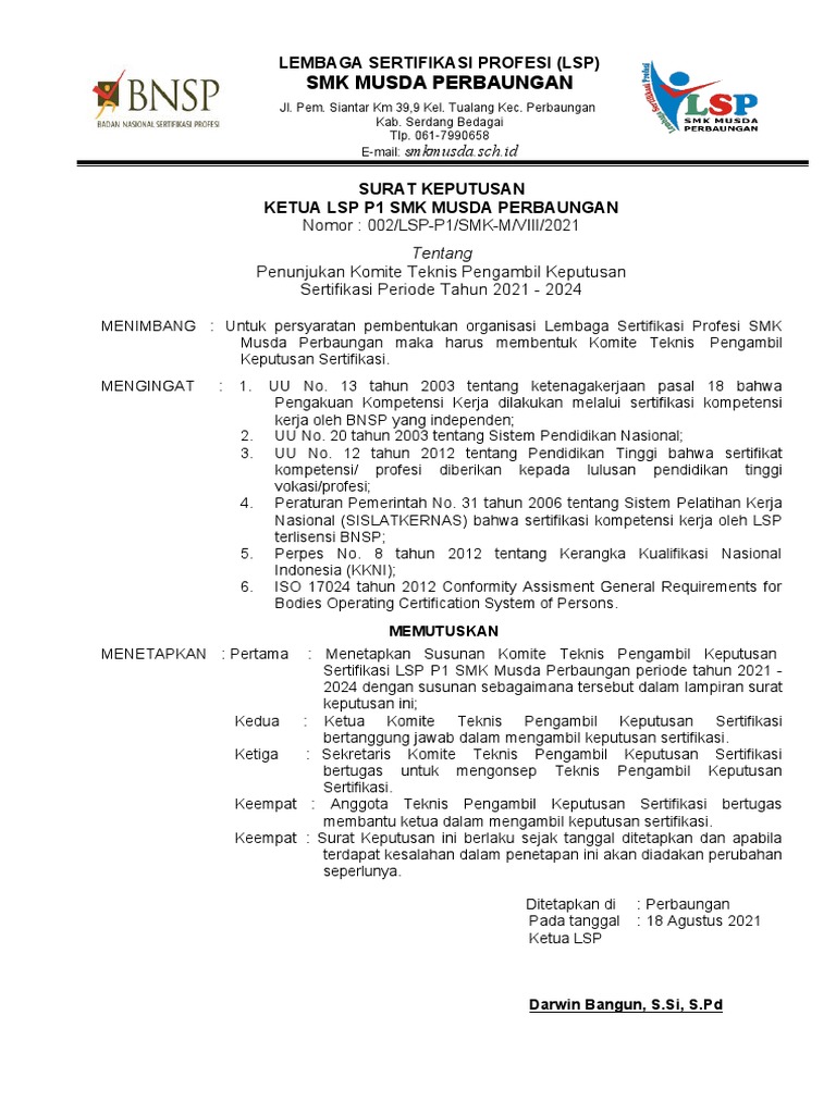 SK Komite Teknis Pengambil Keputusan Sertifikasidocx | PDF