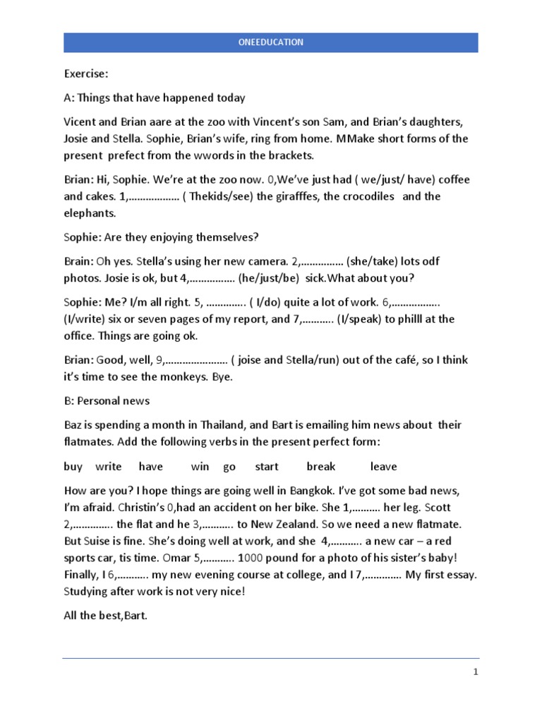 Exercise of Present Perfect and Past Perfect | PDF