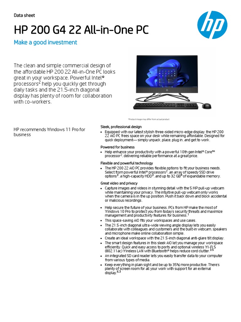 Datasheet HP 200 G4 22 AllInOne PC (9US61EA) PDF Microsoft Windows Intel