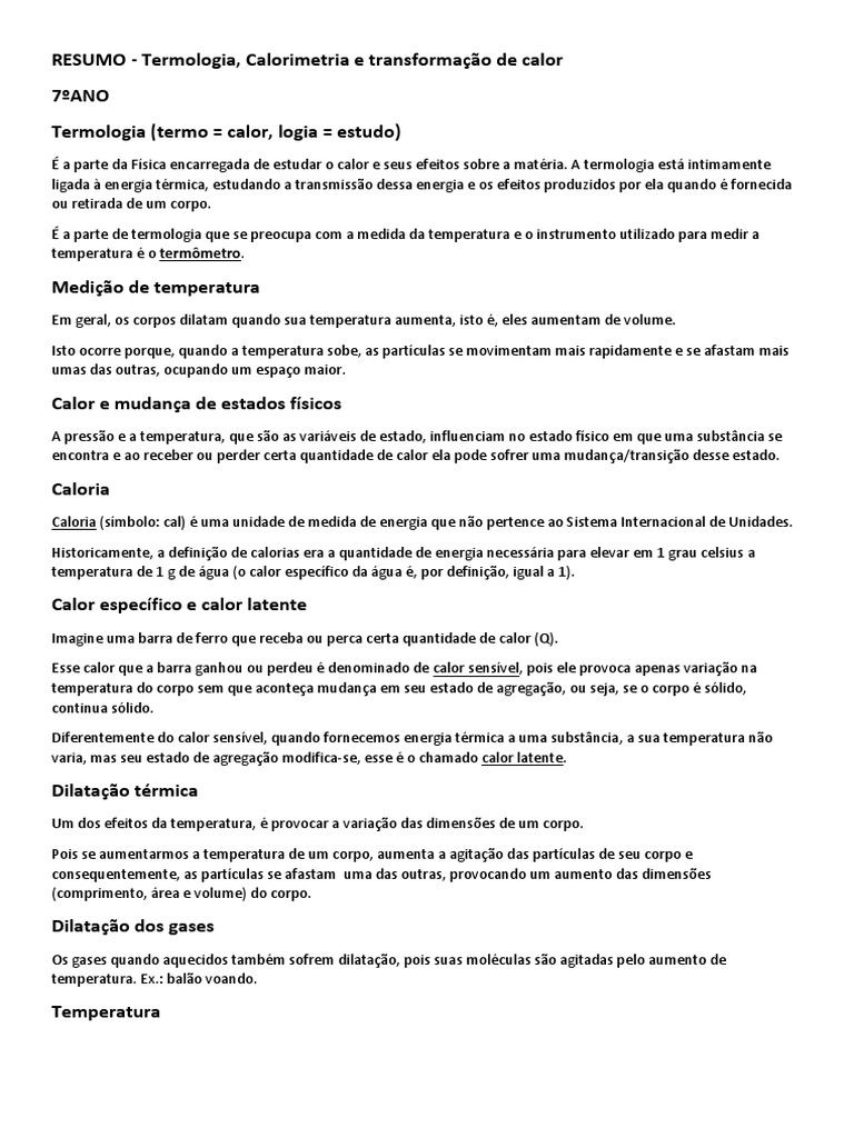 Resumo de Conteúdo - Ciências - 7º Ano | PDF | Calor | Temperatura