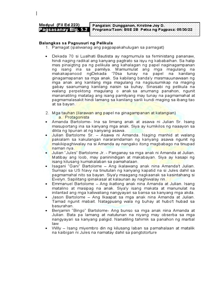 Fil Ed 223 Balangkas Sa Pagsusuri NG Pelikula | PDF