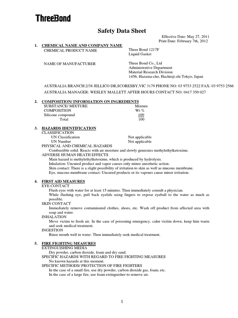 Safety Data Sheet for Three Bond 1217F Liquid Gasket Hazards, Exposure