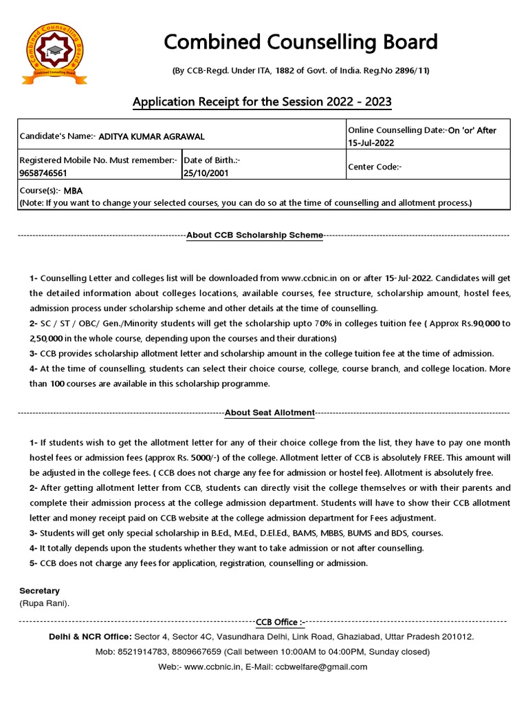 Combined Counselling Board Application Receipt For The Session 2022