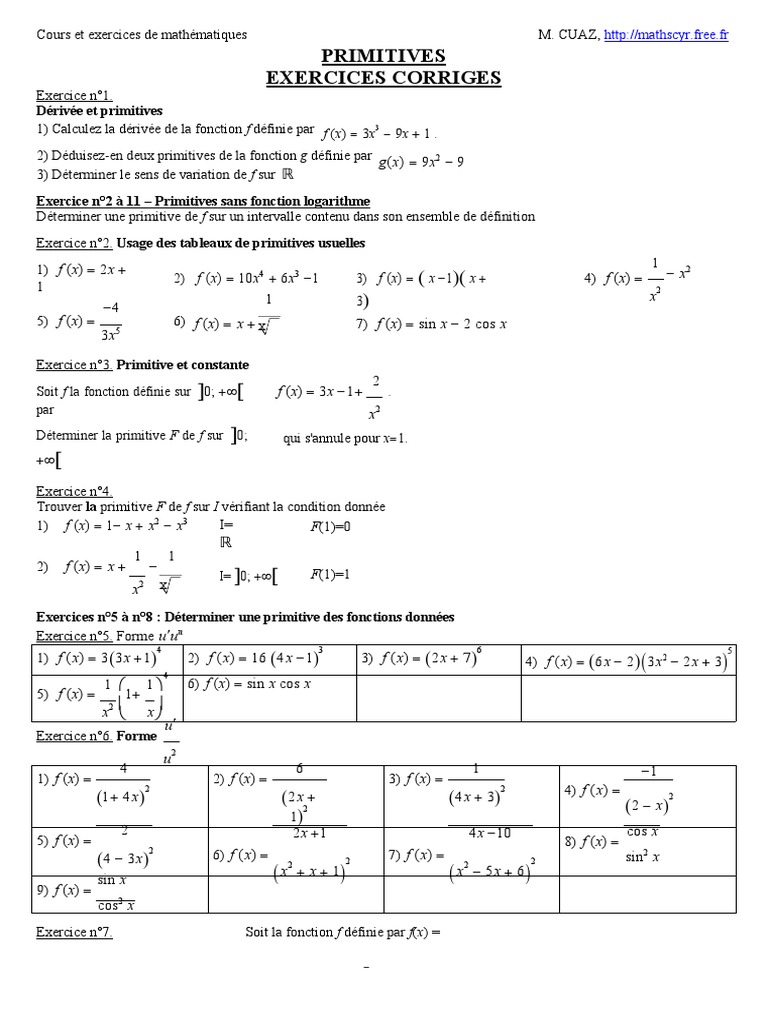 Exercices corrigés sur les primitives | PDF | Fonction monotone ...