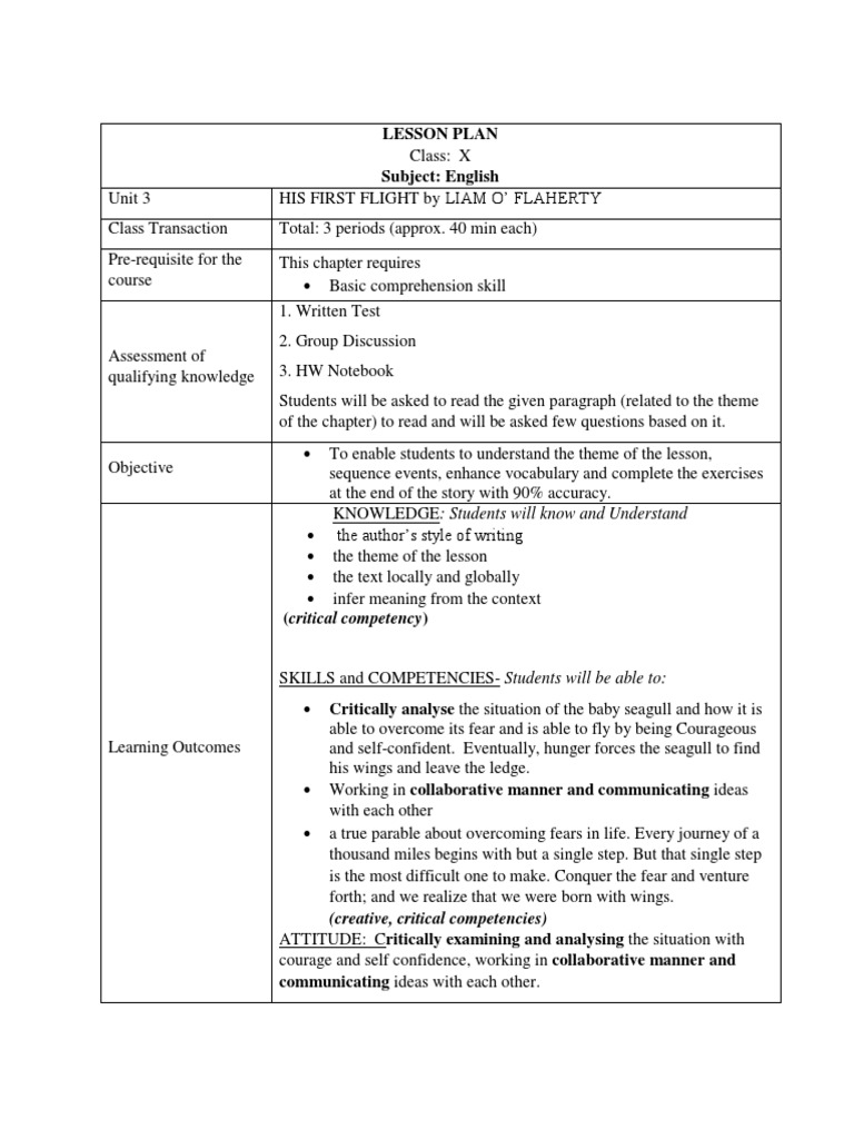 Lesson Plan: His First Flight | PDF | Critical Thinking | Learning