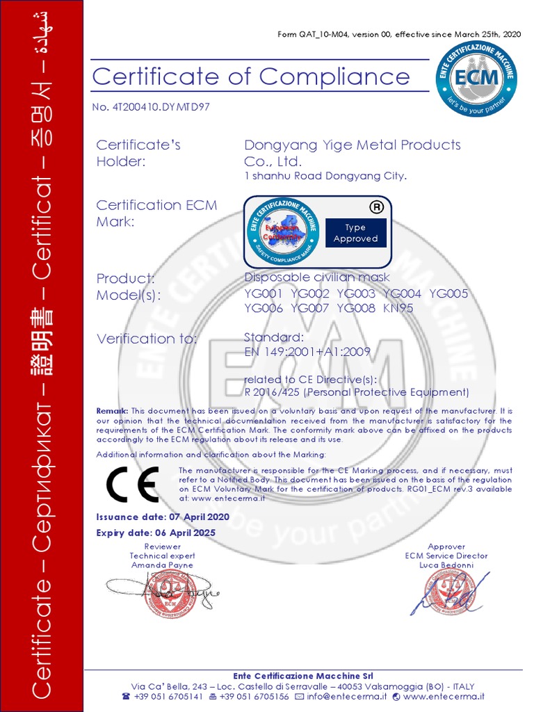 Certificate of Compliance Certificate's Holder Dongyang Yige Metal