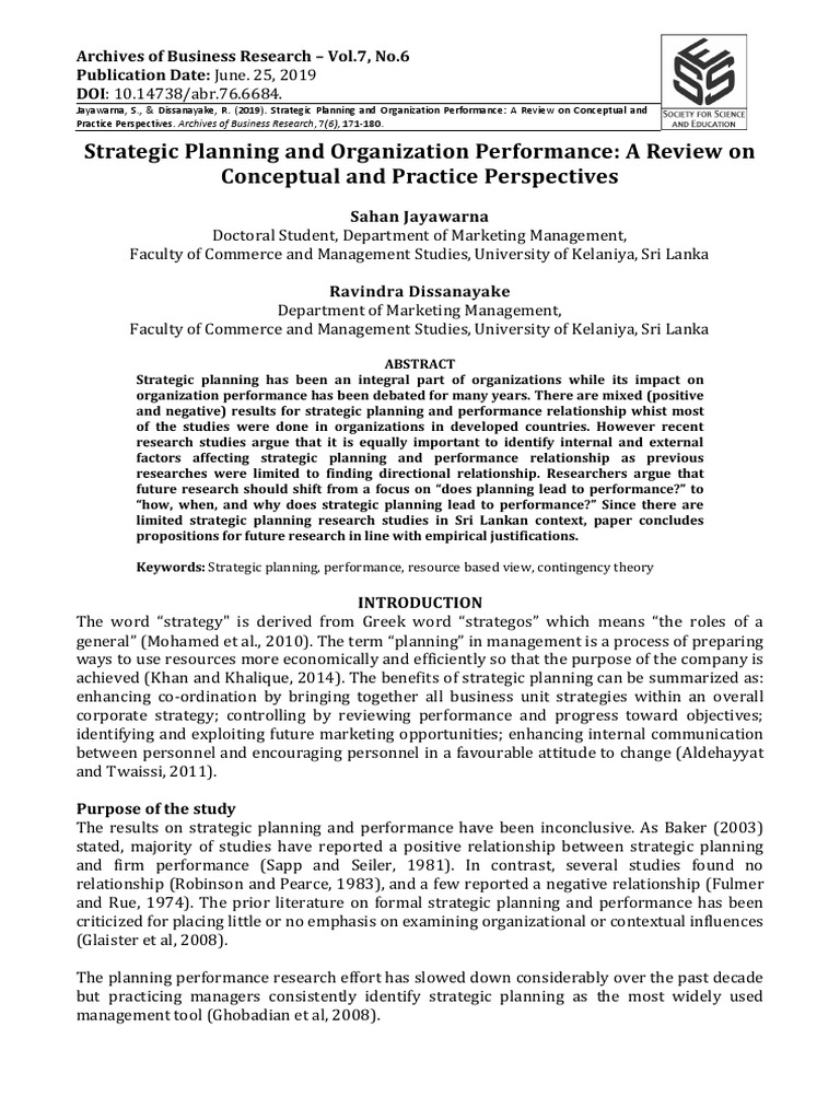 Strategic Planning and Organization Performance: A Review On Conceptual ...
