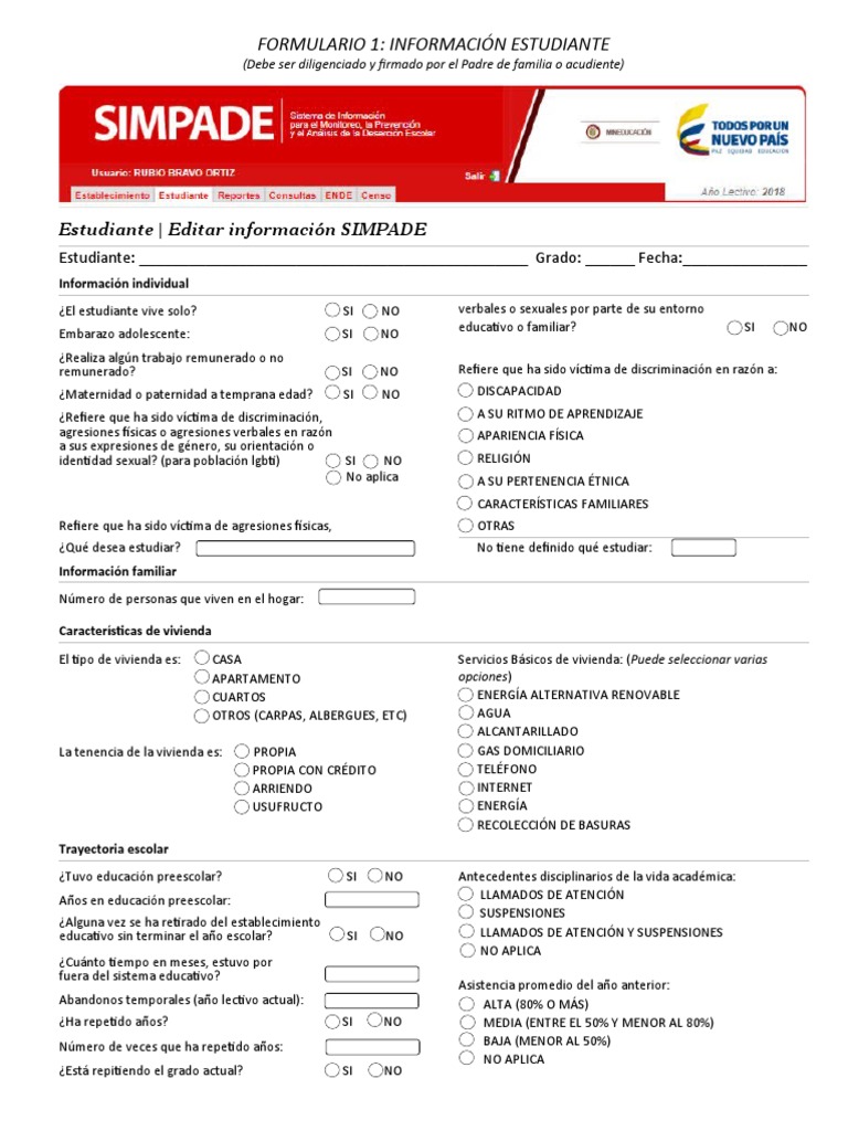Formato SIMPADE Información Estudiante PDF Educación de la primera