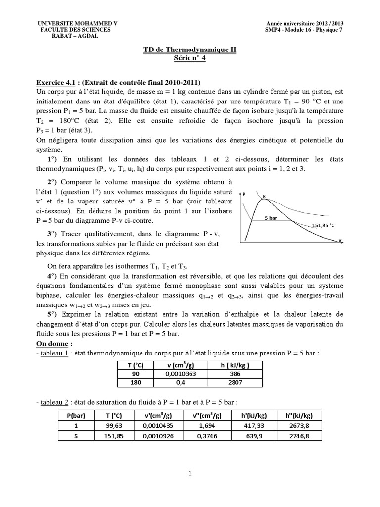TD de Thermodynamique II - Exercices et Corrigés | PDF | Enthalpie de ...