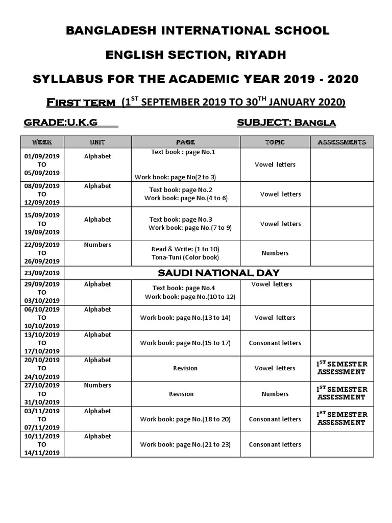 Bangladesh International School English Section, Riyadh Syllabus For ...