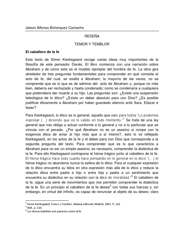 Temor y temblor (reseña) PDF Søren Kierkegaard Fe