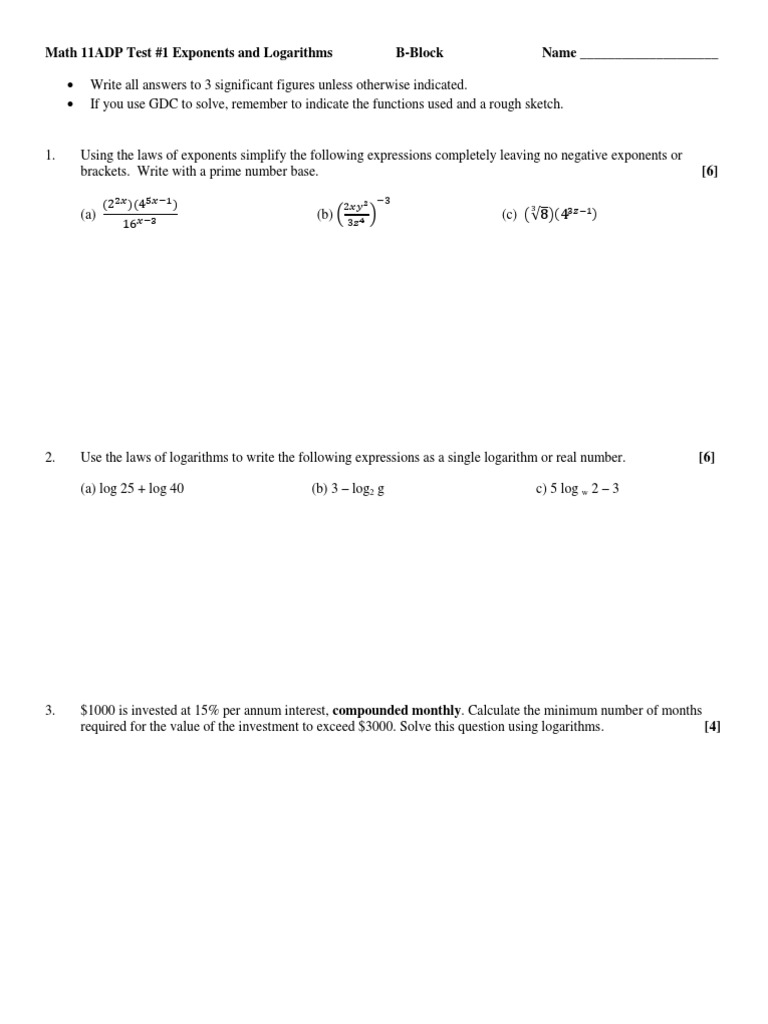 Math 11ADP Test #1 Exponents and Logarithms B-Block Name | PDF ...