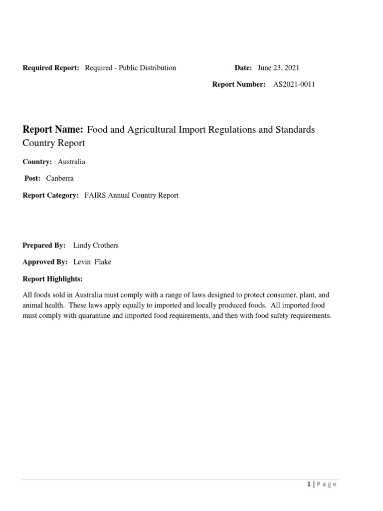Food and Agricultural Import Regulations and Standards Country Report Canberra Australia