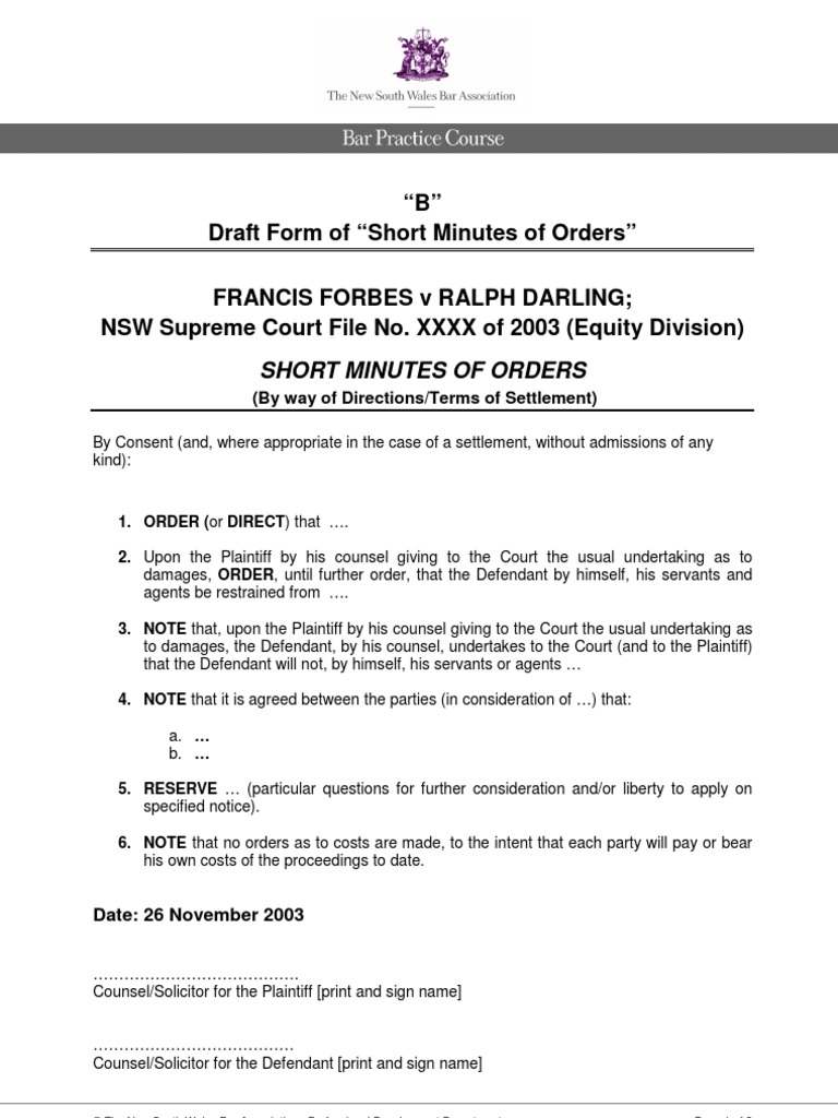NSWLegal Draft Form Equity Short Minutes of Order Lindsay SC