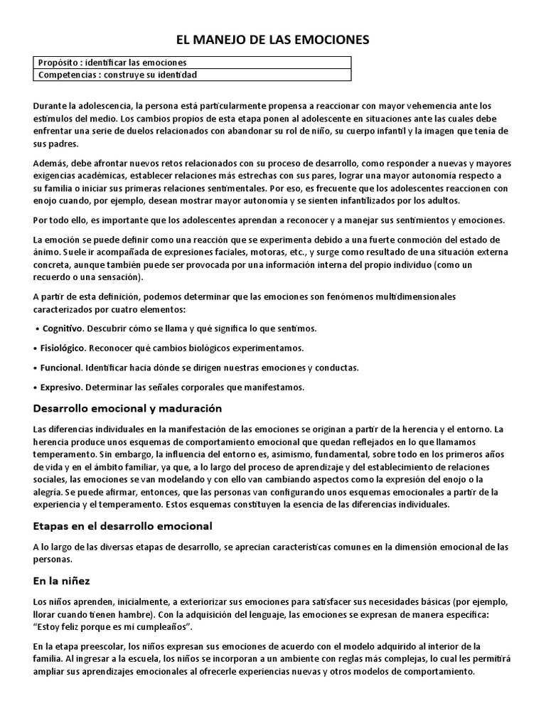 El Manejo de Las Emociones | PDF | Las emociones | Adolescencia
