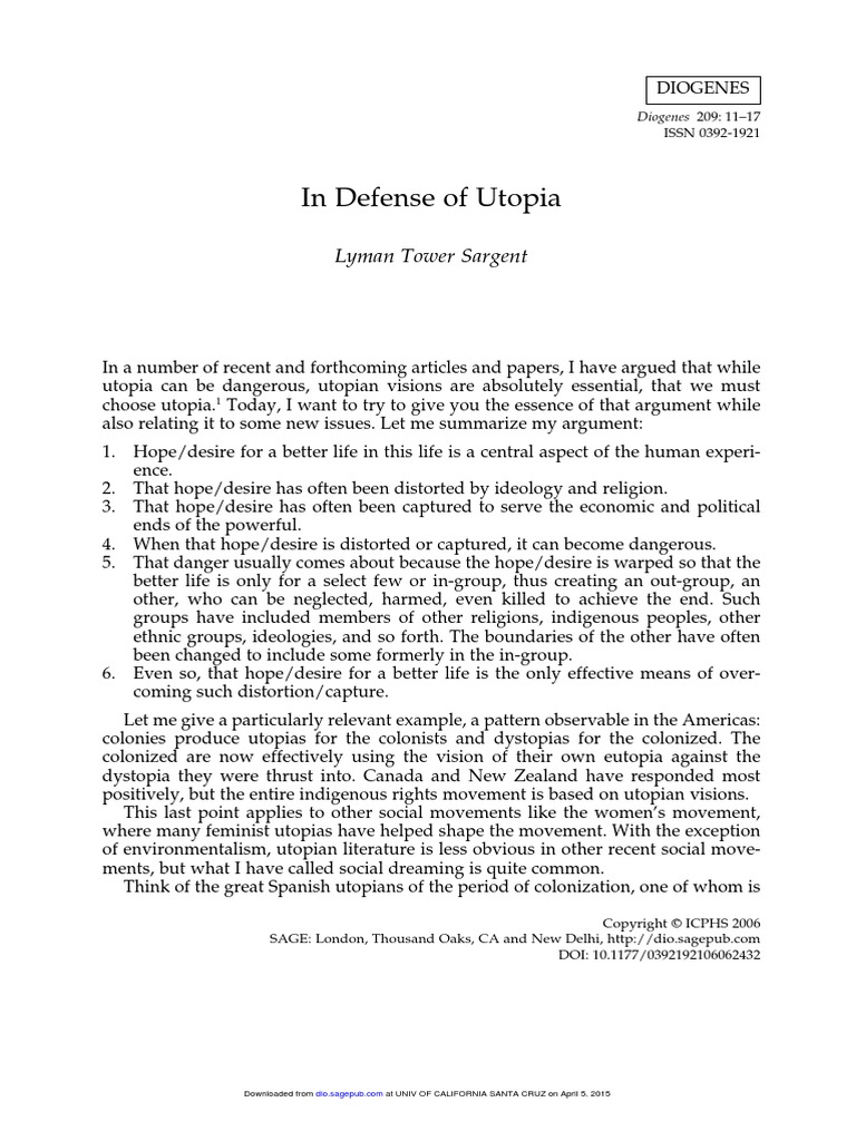 UTOPÍA Artículo in Defense of Utopia (Lyman Tower Sargent) PDF Utopia Dystopia