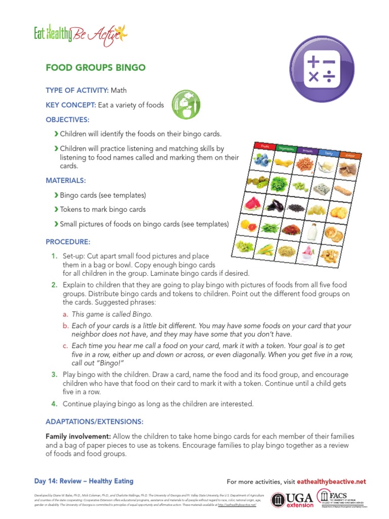 Food Groups Bingo Type of Activity Key Concept Objectives PDF