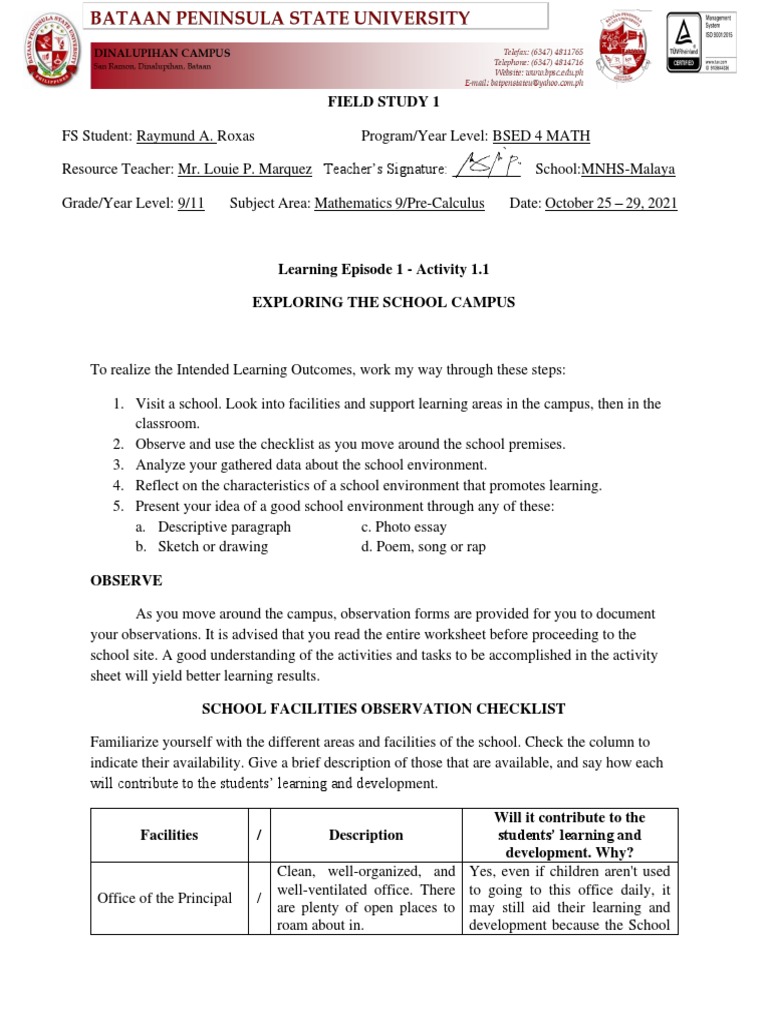 FS1 School Facilities Assessment | PDF | Classroom | Teachers