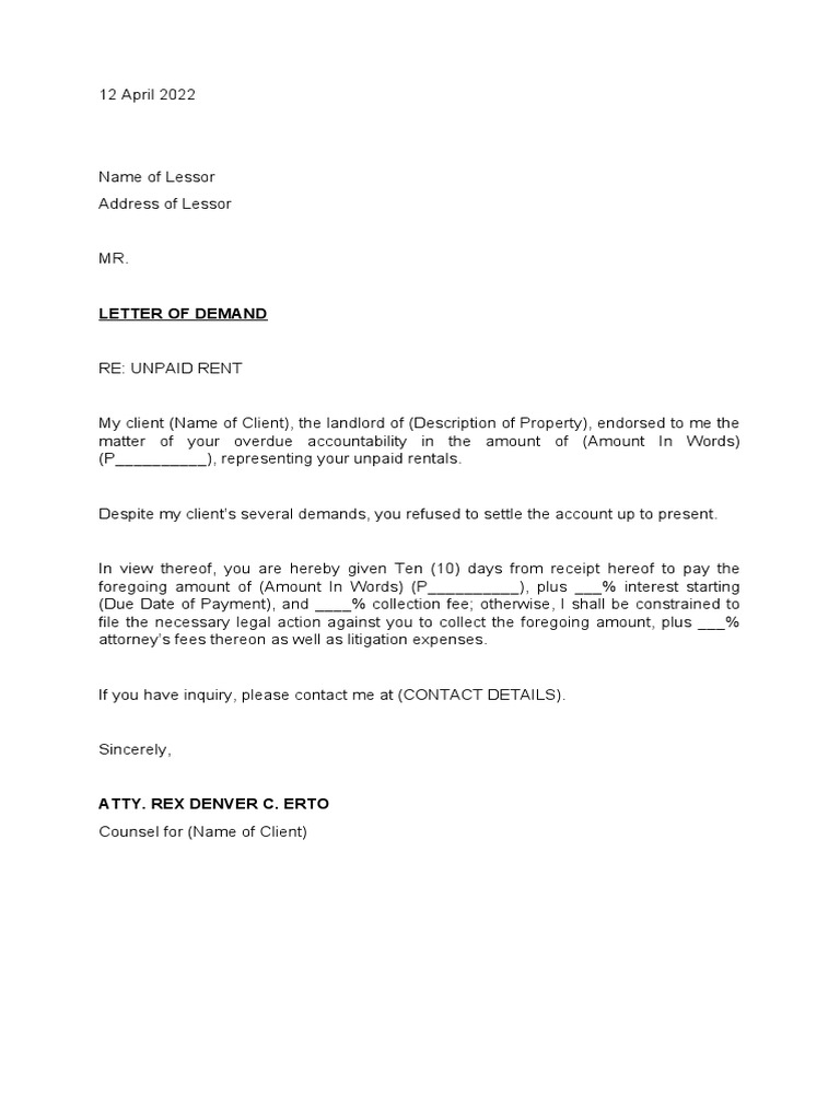 Demand Letter (Unpaid Rent) PDF