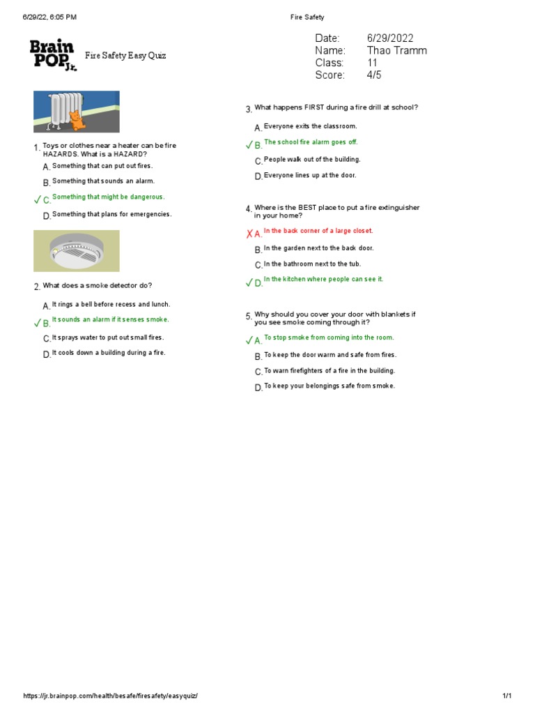 Fire Safety Easy Quiz BrainPOP JR PDF Fire Safety Public Safety
