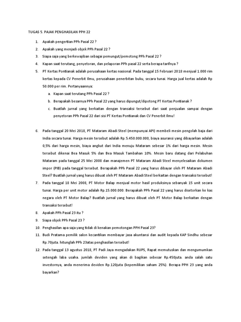 Tugas 5 PPH 22 Dan PPH 23 | PDF | Bisnis | Hukum