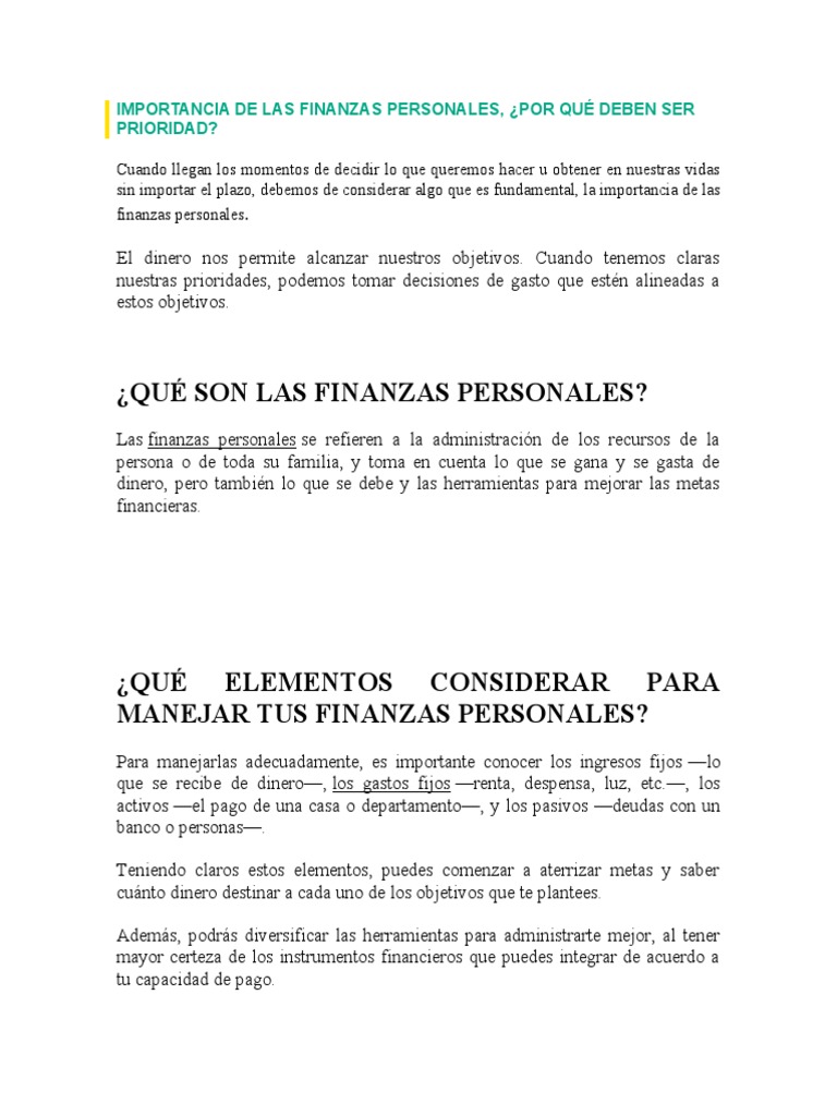 Importancia de las Finanzas Personales | PDF | Business | Finanzas ...